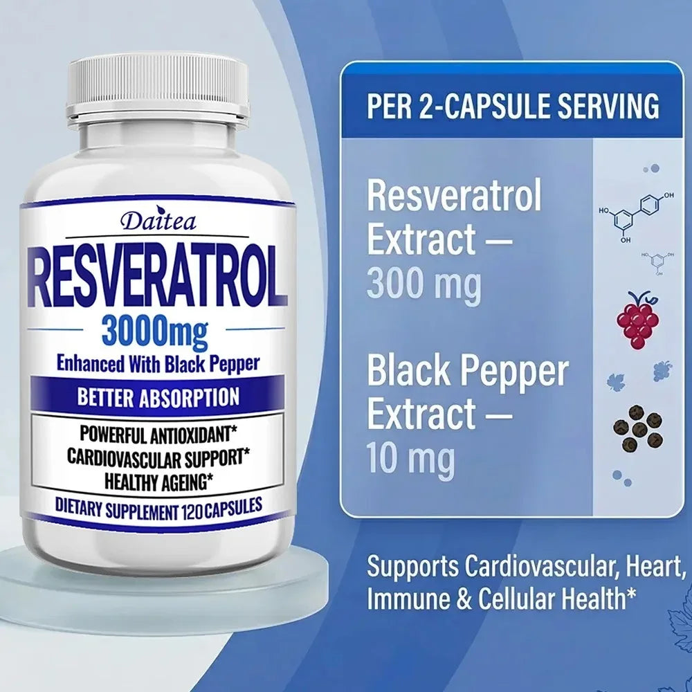 Resveratrol Supplement Capsules - Anti-Aging, Cardiovascular &amp; Joint Support, Skin Health