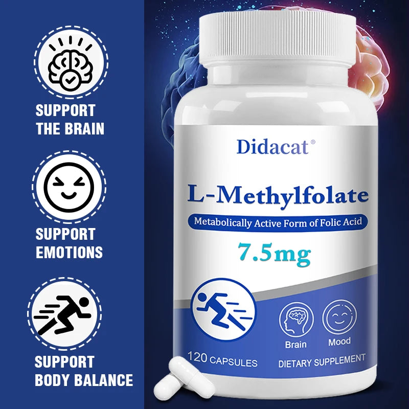 L-Methylfolate 7.5 Mg - L Methyl Folate, Methylfolate Supplement Capsules for Women &amp; Men, Promote Brain Health, Focus, Calm