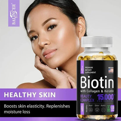 Biotin Supplement - 15,000 Mcg with Collagen and Keratin, Vitamins, Shiny Hair, Skin and Nails, Joint Health, 30/60/120 Capsules