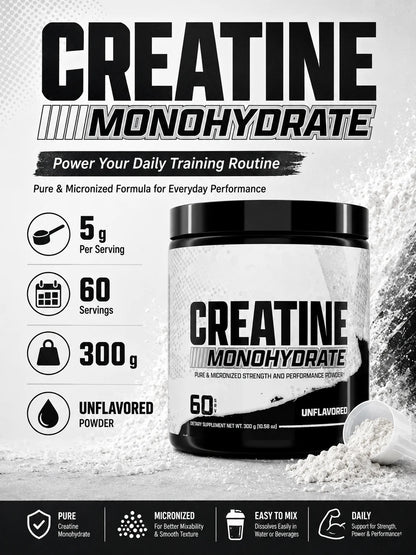 Creatine Monohydrate Powder 300g 60 Servings Micronized Unflavored Easy to Mix Strength Performance Muscle Growth Supplement
