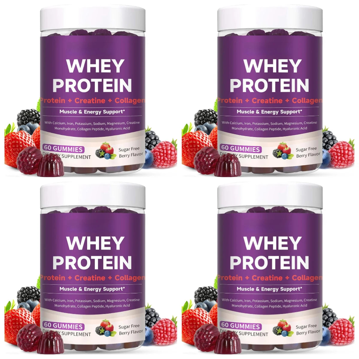 Protein Gummies with Whey Creatine Collagen 12g Protein Muscle Support Energy Nutrition Sugar Free Fitness Supplement 60 Gummies