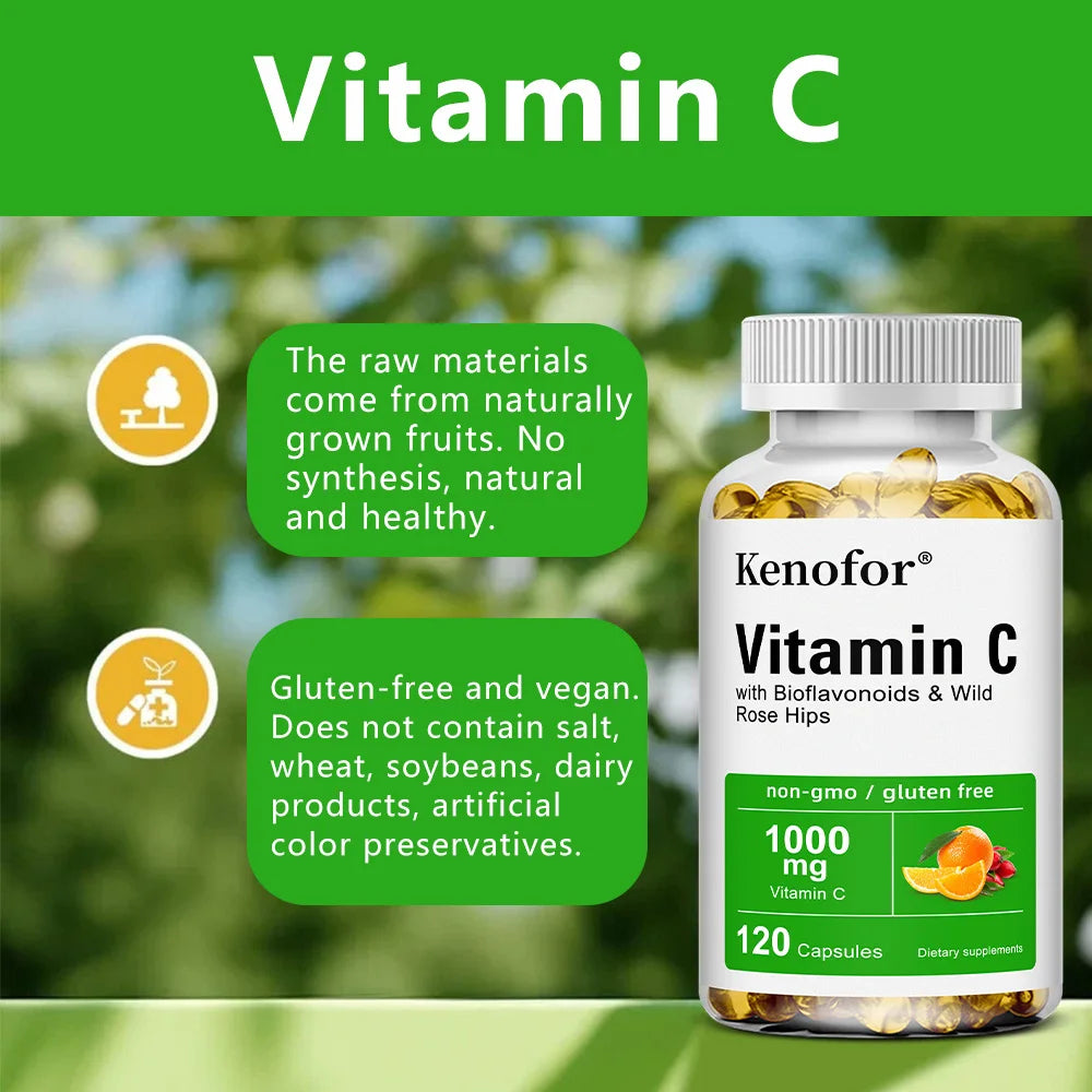 Vitamin C 1000mg - with Bioflavonoids &amp; Wild Rose Hips,Supports Skin Health,Antioxidant,Immune System Health,120 Capsules