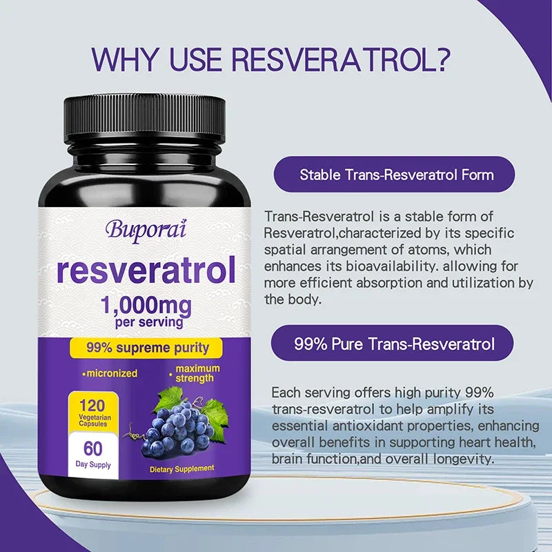 Resveratrol Supplement - 99% Trans-resveratrol, Healthy Aging, Brain &amp; Heart Support, AntioxidantSupplementsSupplements