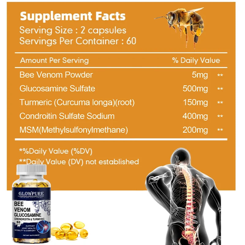 Bee Venom Extract Glucosamine &amp; Turmeric Capsules for Joint &amp; Muscle Health, Enhanced Mobility, Flexibility, Comfort Supplement