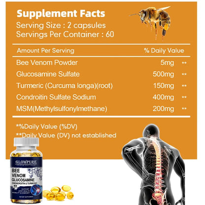 Bee Venom Extract Glucosamine &amp; Turmeric Capsules for Joint &amp; Muscle Health, Enhanced Mobility, Flexibility, Comfort Supplement