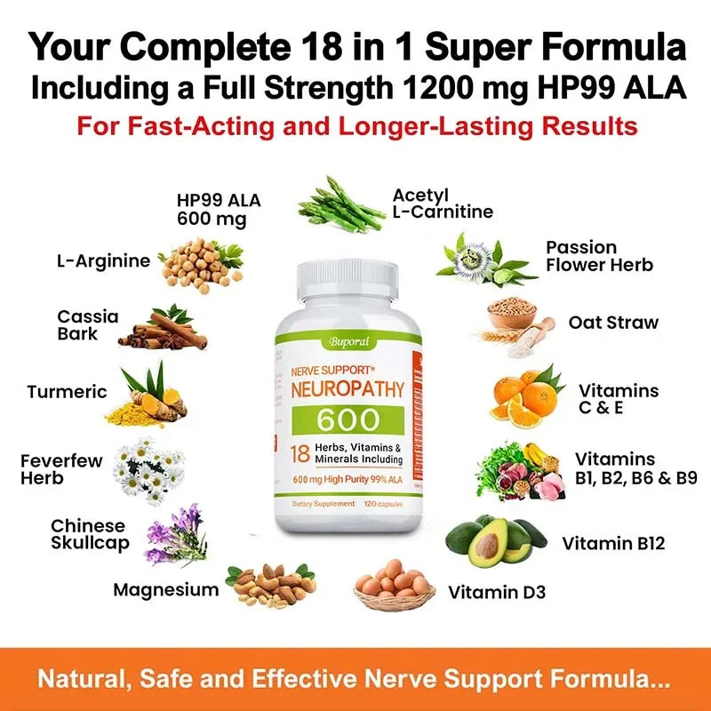 Neuropathy Support Supplement 600mg - Helps Maintain The Normal Function of The Nervous System and Relieve Mental Stress