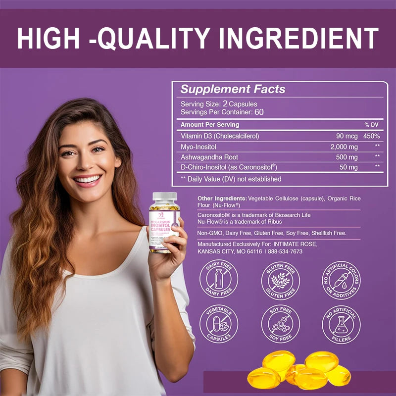 Myo-Inositol &amp; D-Chiro Inositol Capsule with Folate Supports Ovarian Function Hormone Balance Fertility Supplement Beauty Health