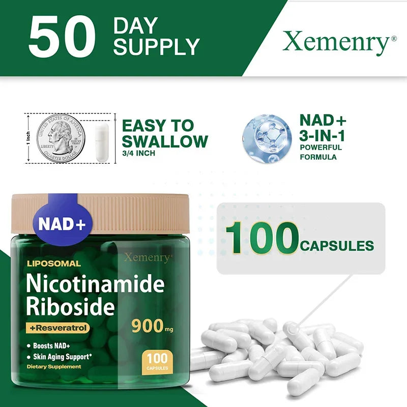 NAD+ Supplement - Anti-Aging, Energy - Liposomal Nicotinamide Riboside Capsules 900mg with Resveratrol &amp; Quercetin Capsules