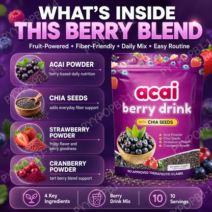 Acai Berry Supplement Powder with Chia Seeds – Berry &amp; Seed Blend – 10 Sachets – Easy To Mix – Non-GMO, Gluten Free