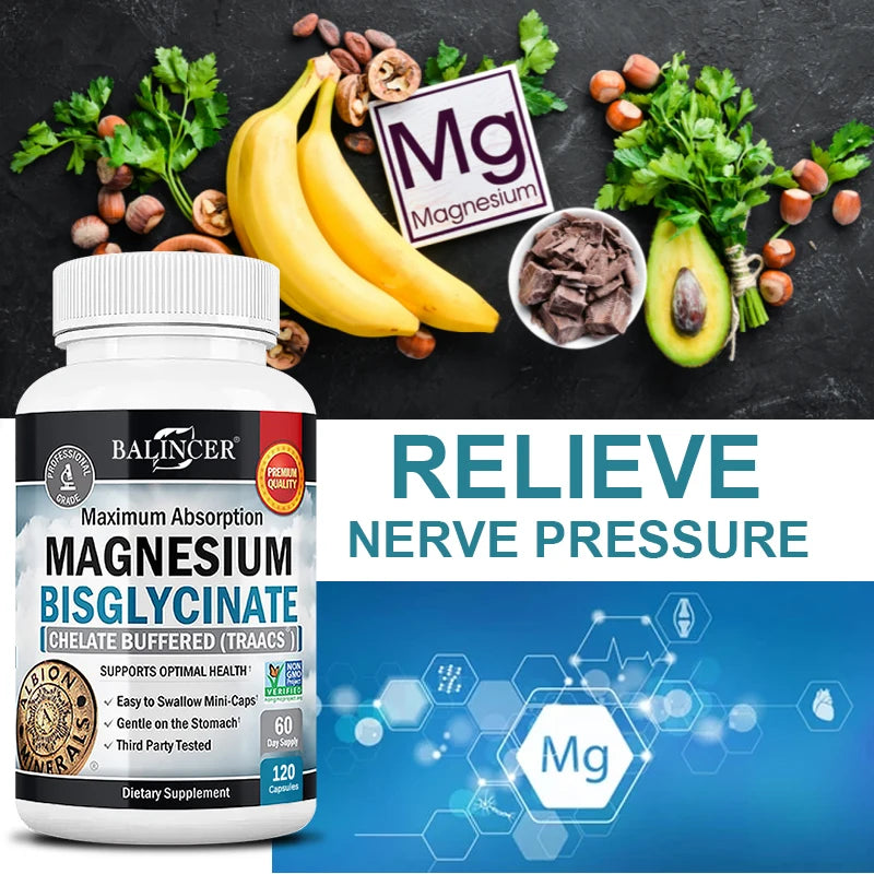Magnesium Bisglycinate Capsules, Daily Mineral Supplement, Supports Muscle Nerve Bone Cardiovascular Energy &amp; Immune  Wellness