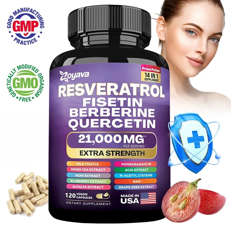Resveratrol, Fisetin, Berberine, Quercetin Capsule Supplement, Skin, Immunity, Antioxidant, Promote Overall Health &amp; Metabolism