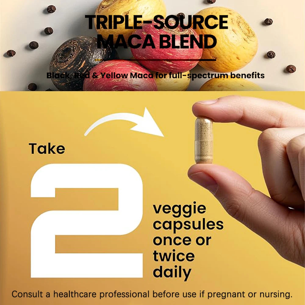 Organic Maca Root Powder Capsules 1500mg with Black+Red+Yellow Peruvian Maca Root Supplement for Men and Women - Vegan Pills