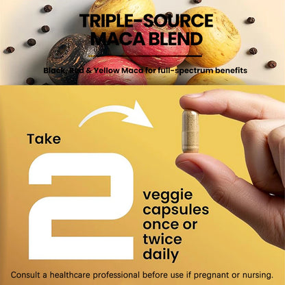 Organic Maca Root Powder Capsules 1500mg with Black+Red+Yellow Peruvian Maca Root Supplement for Men and Women - Vegan Pills