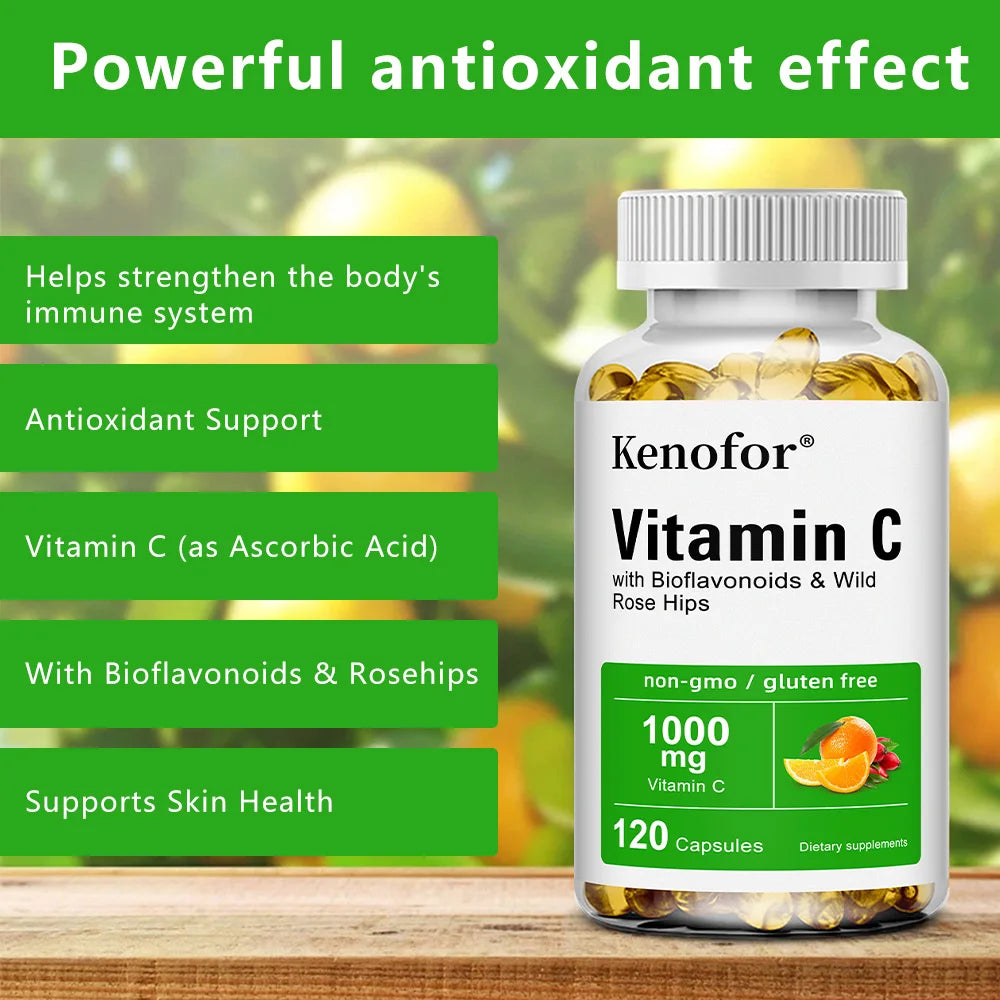 Vitamin C 1000mg - with Bioflavonoids &amp; Wild Rose Hips,Supports Skin Health,Antioxidant,Immune System Health,120 Capsules
