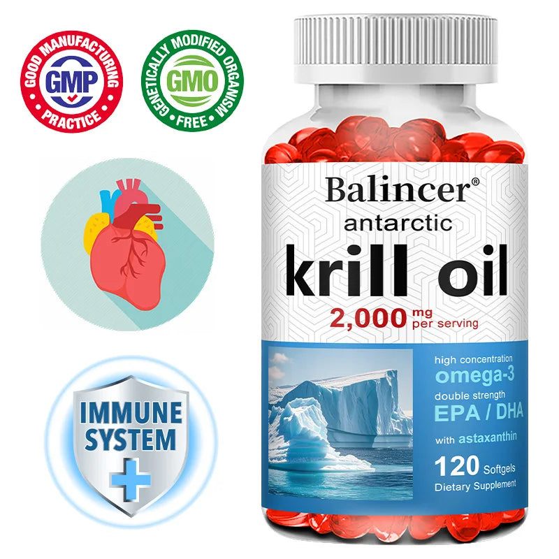 Antarctic Krill Oil 2000mg Supplement, 3X Strength Natural Source of Omega-3s, EPA 240mg + DHA 160mg + Astaxanthin 800mcg