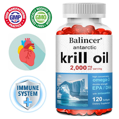 Antarctic Krill Oil 2000mg Supplement, 3X Strength Natural Source of Omega-3s, EPA 240mg + DHA 160mg + Astaxanthin 800mcg