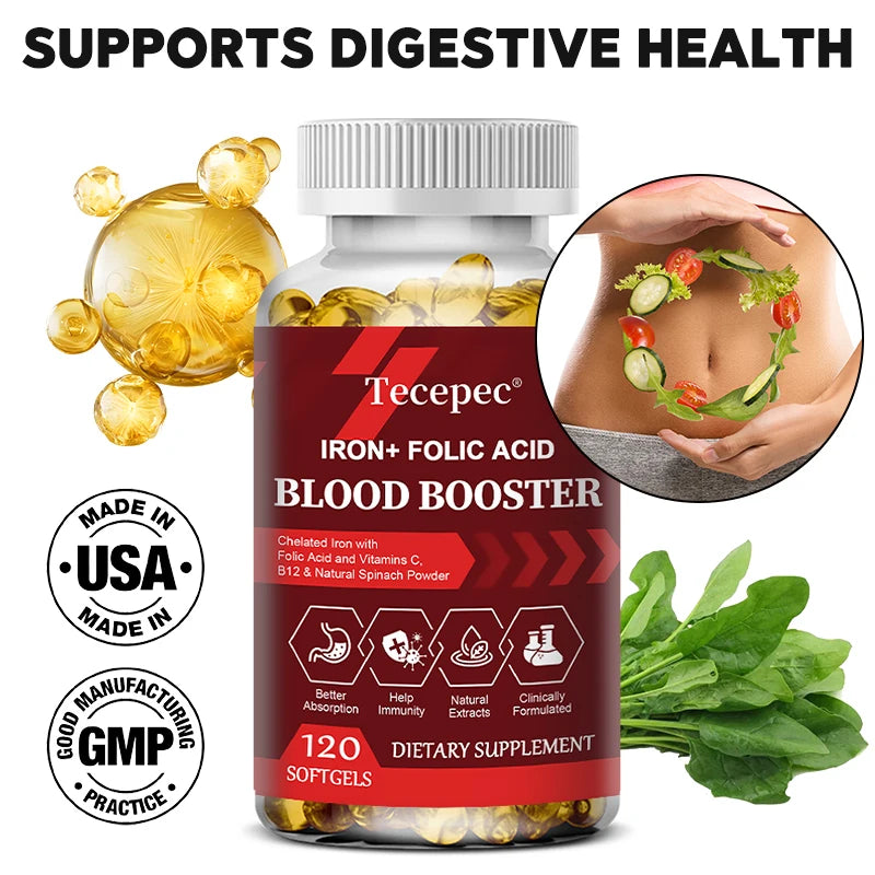 Iron + Folic Acid Blood Tonic - Replenish Iron Content, No Side Effects Iron Supplement- with Vitamin C, Vitamin B12, Folic Acid