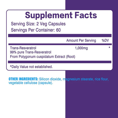 Resveratrol Supplement - 99% Trans-resveratrol, Healthy Aging, Brain &amp; Heart Support, AntioxidantSupplementsSupplements
