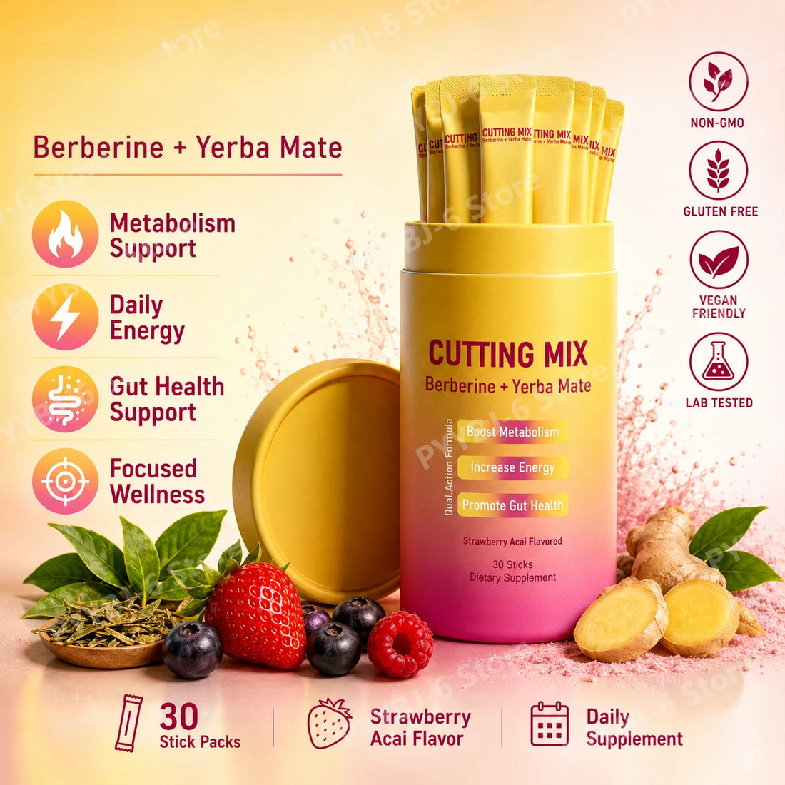 Berberine Yerba Mate Dietary Supplement Powder 30 Stick Packs Metabolism Energy Gut Health Support Strawberry Acai Flavor