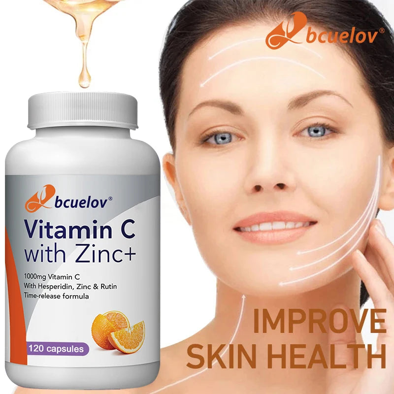 Bcuelov Vitamin C Mit Zink Capsules 1000mg Vitamin C with 5mg Zinc Capsule Immune Support, Energy Production, Vitamin Supplement