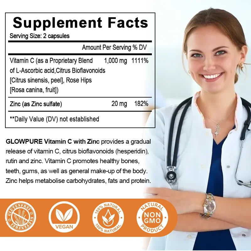 Vitamin C and Zinc Supplement Suuport Antioxidant Protection for Immune, Cellular Energy Production