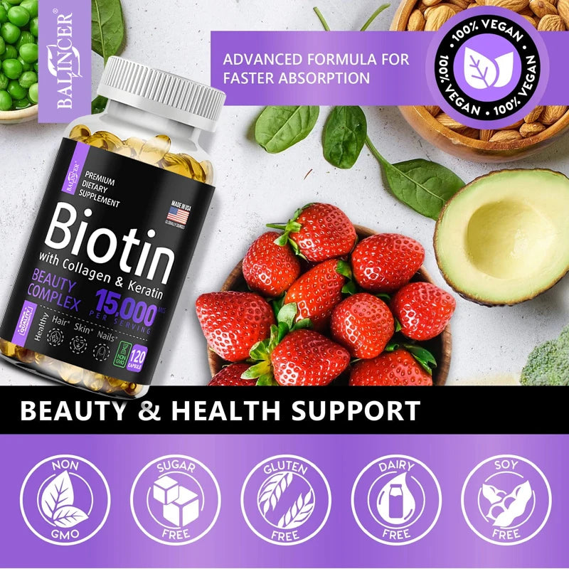 Biotin Supplement - 15,000 Mcg with Collagen and Keratin, Vitamins, Shiny Hair, Skin and Nails, Joint Health, 30/60/120 Capsules
