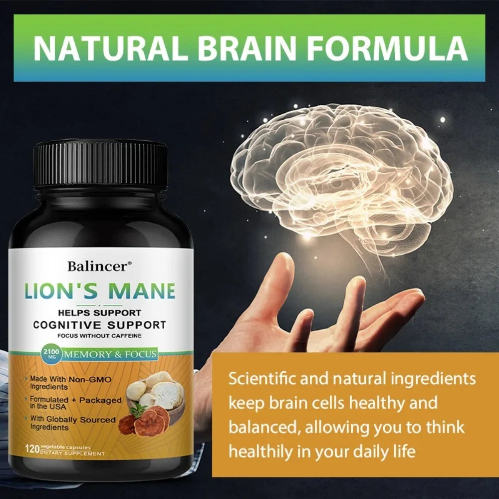 Organic Lions Mane Mushroom Capsules Brain Booster for Men &amp; Women Enhances Mental Clarity Focus Memory Vegan