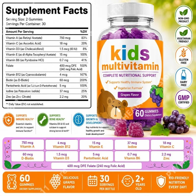 Multivitamin Gummies with Vitamins A C D3 E B6 B12 Biotin Folate Iodine Zinc Daily Wellness Chewable Supplement 60 Gummies