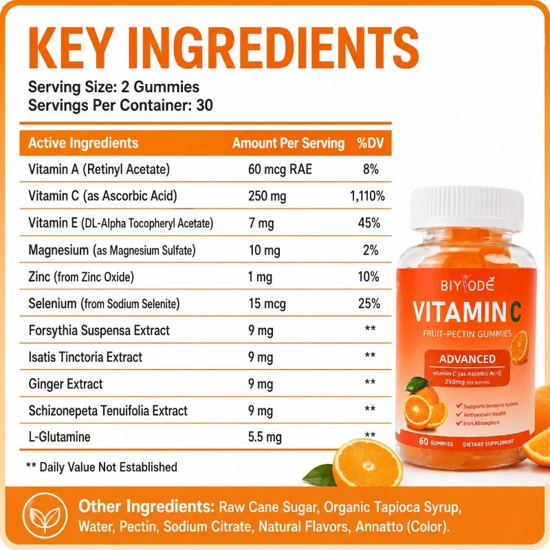 Vitamin C Gummies 250mg Orange Flavor 60 Count Fruit Pectin Chewables Daily Wellness Supplement Gluten Free for Adults Men Women