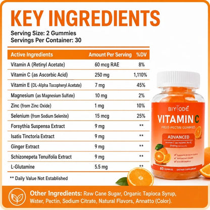 Vitamin C Gummies 250mg Orange Flavor 60 Count Fruit Pectin Chewables Daily Wellness Supplement Gluten Free for Adults Men Women