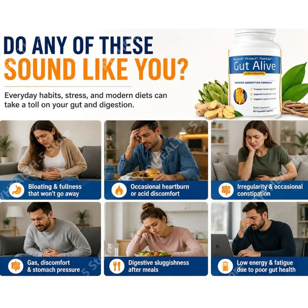Gut Alive Natural Digestive Health Supplement Unique Formula Ease Stomach Bloating Gas Indigestion Discomfort 60 Counts