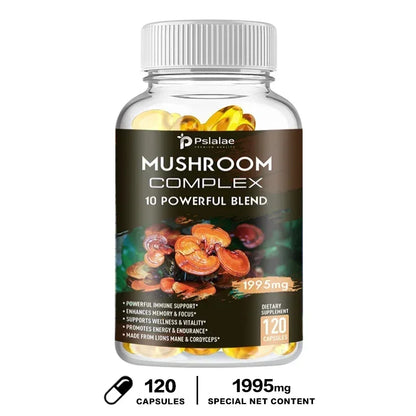 Mushroom Complex Supplement - Supports Brain and Immune Health, Enhances Memory, Focus and Clarity, Boosts Energy, Non-GMO