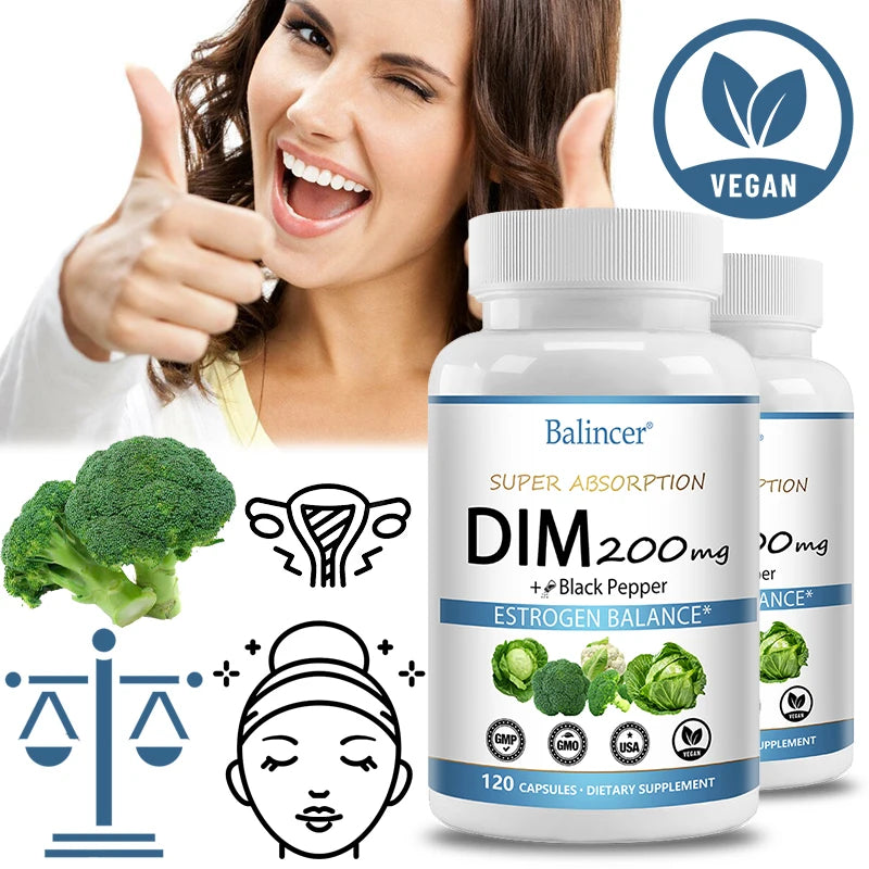 DIM Supplement 200mg Diindolylmethane - Maintains Hormonal Balance with Estrogen for Menopause and Mid-life