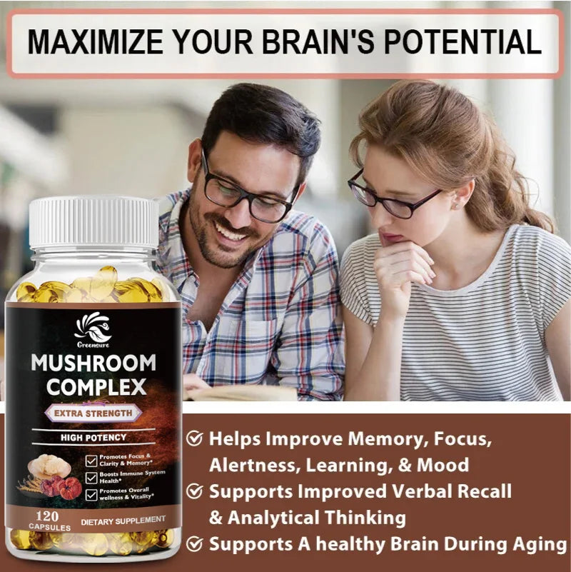 Lion Mane Cordyceps Mushroom Complex Supplement for Nootropic Brain Memory &amp; Focus Immune &amp; Stress Relief