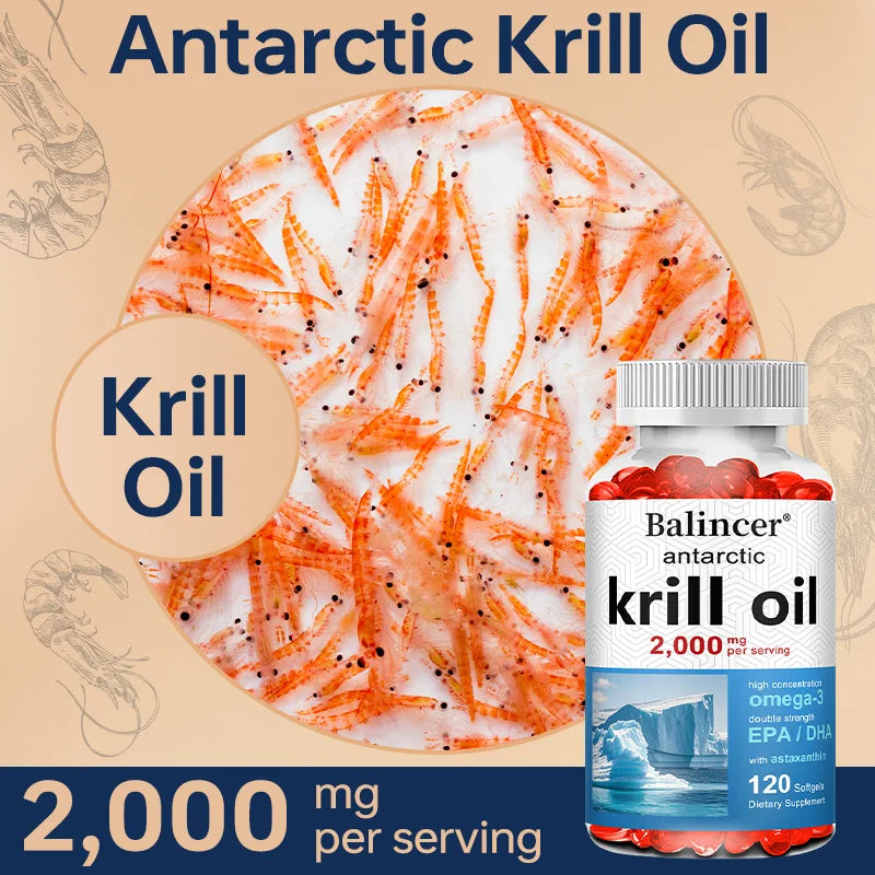 Antarctic Krill Oil 2000mg Supplement, 3X Strength Natural Source of Omega-3s, EPA 240mg + DHA 160mg + Astaxanthin 800mcg
