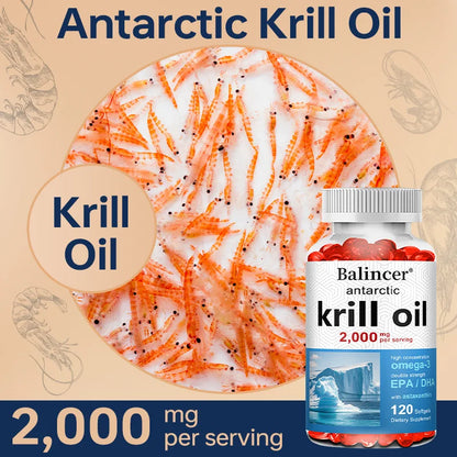 Antarctic Krill Oil 2000mg Supplement, 3X Strength Natural Source of Omega-3s, EPA 240mg + DHA 160mg + Astaxanthin 800mcg