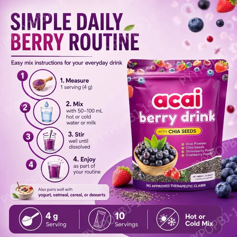 Acai Berry Supplement Powder with Chia Seeds – Berry &amp; Seed Blend – 10 Sachets – Easy To Mix – Non-GMO, Gluten Free