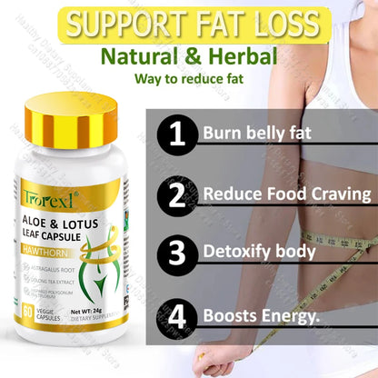Aloe &amp; Lotus Leaf Capsules Flat Tummy Pills, Appetite Suppressant, Detoxification, Preserve Lean