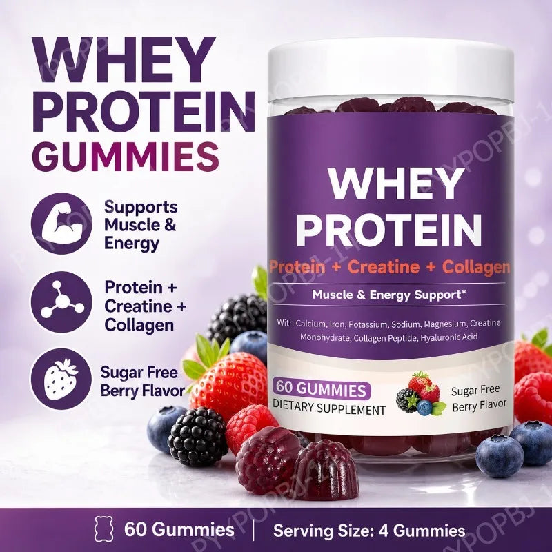 Protein Gummies with Whey Creatine Collagen 12g Protein Muscle Support Energy Nutrition Sugar Free Fitness Supplement 60 Gummies
