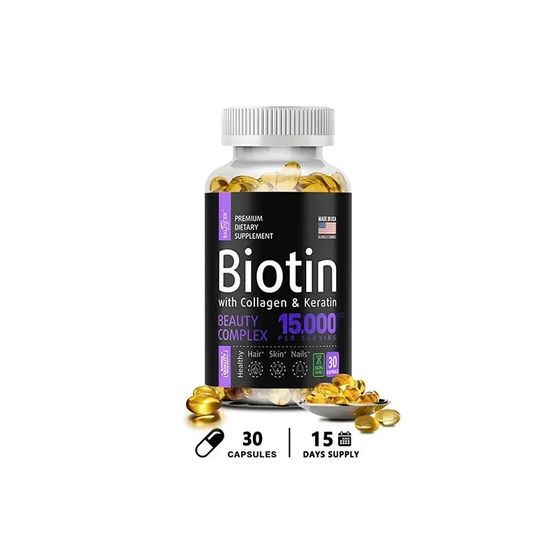 Biotin Supplement - 15,000 Mcg with Collagen and Keratin, Vitamins, Shiny Hair, Skin and Nails, Joint Health, 30/60/120 Capsules