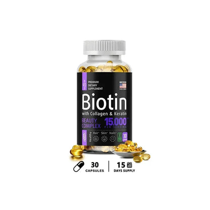 Biotin Supplement - 15,000 Mcg with Collagen and Keratin, Vitamins, Shiny Hair, Skin and Nails, Joint Health, 30/60/120 Capsules