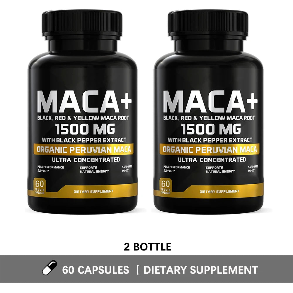 Organic Maca Root Powder Capsules 1500mg with Black+Red+Yellow Peruvian Maca Root Supplement for Men and Women - Vegan Pills
