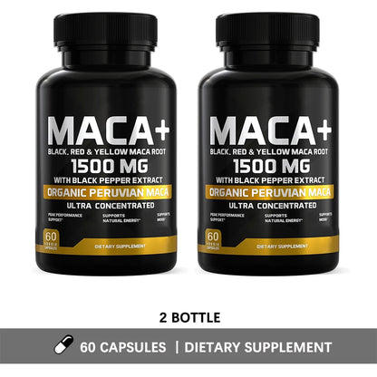 Organic Maca Root Powder Capsules 1500mg with Black+Red+Yellow Peruvian Maca Root Supplement for Men and Women - Vegan Pills