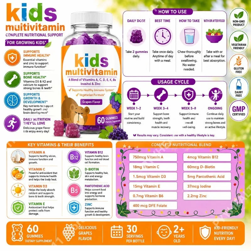 Multivitamin Gummies with Vitamins A C D3 E B6 B12 Biotin Folate Iodine Zinc Daily Wellness Chewable Supplement 60 Gummies