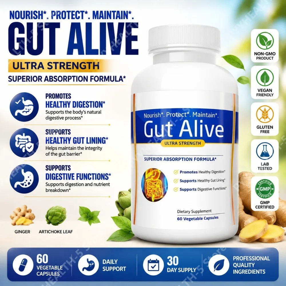 Gut Alive Natural Digestive Health Supplement Unique Formula Ease Stomach Bloating Gas Indigestion Discomfort 60 Counts