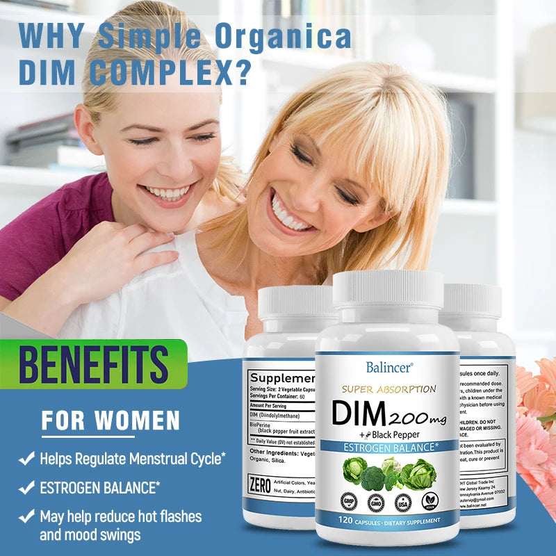 DIM Supplement 200mg Diindolylmethane - Maintains Hormonal Balance with Estrogen for Menopause and Mid-life