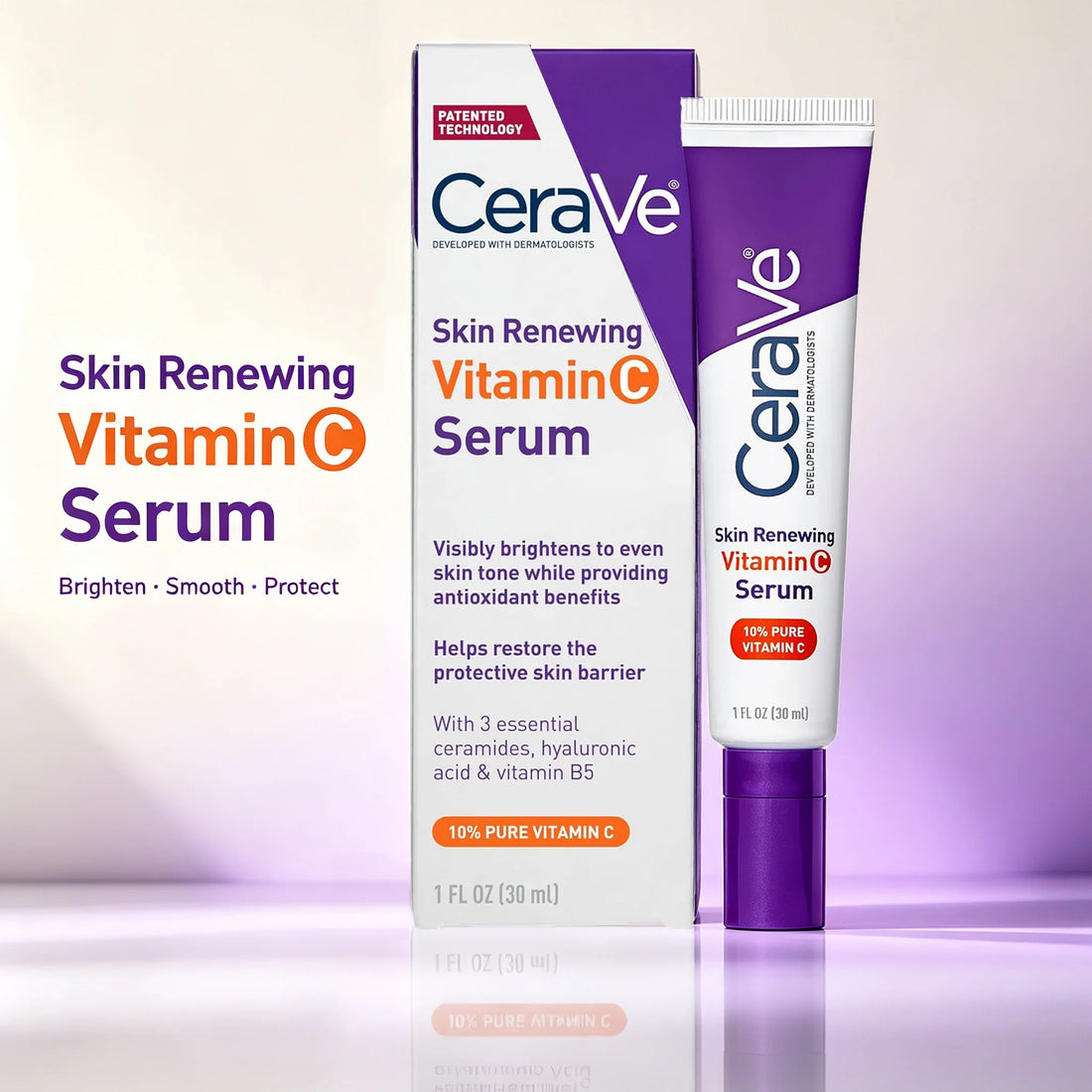 CeraVe Vitamin C Serum 10% Pure, Hyaluronic Acid &amp; 3 Ceramides, Fragrance-Free Brightening Antioxidant Serum for Face, 1oz