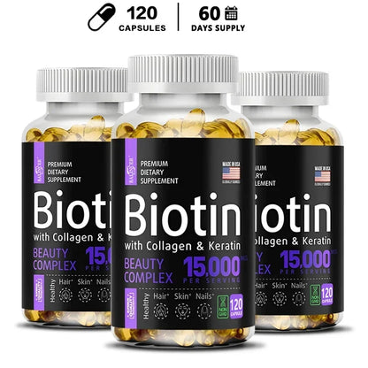 Biotin Supplement - 15,000 Mcg with Collagen and Keratin, Vitamins, Shiny Hair, Skin and Nails, Joint Health, 30/60/120 Capsules
