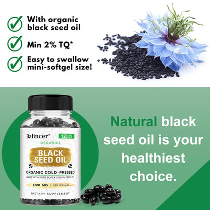Organic Black Cumin Seed Oil 1000 mg - Immune Support, Promotes Hair Growth, Provides Nutritive Antioxidants, Non-GMO Supplement