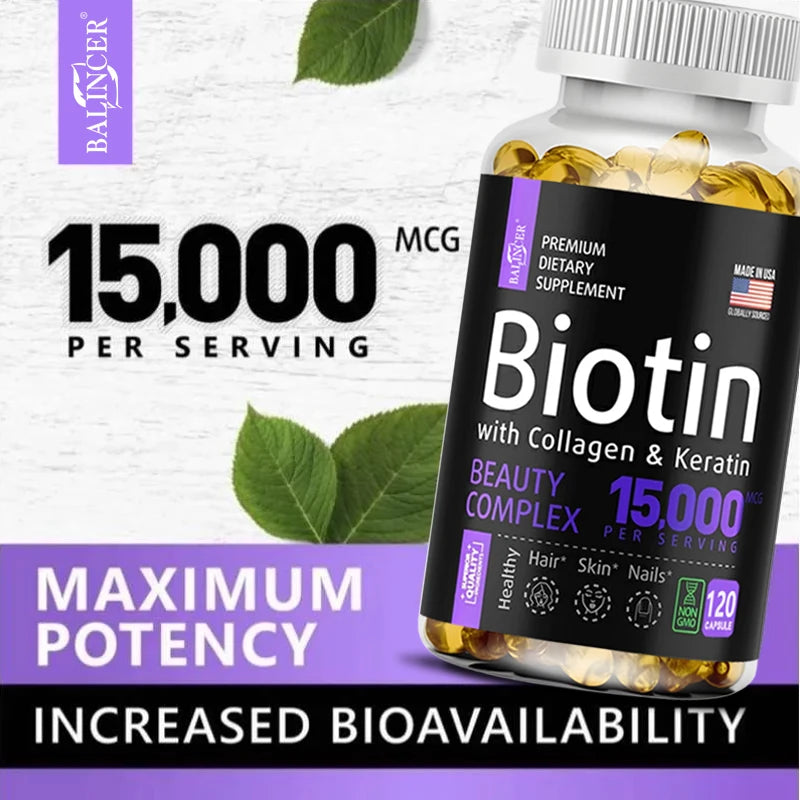 Biotin Supplement - 15,000 Mcg with Collagen and Keratin, Vitamins, Shiny Hair, Skin and Nails, Joint Health, 30/60/120 Capsules